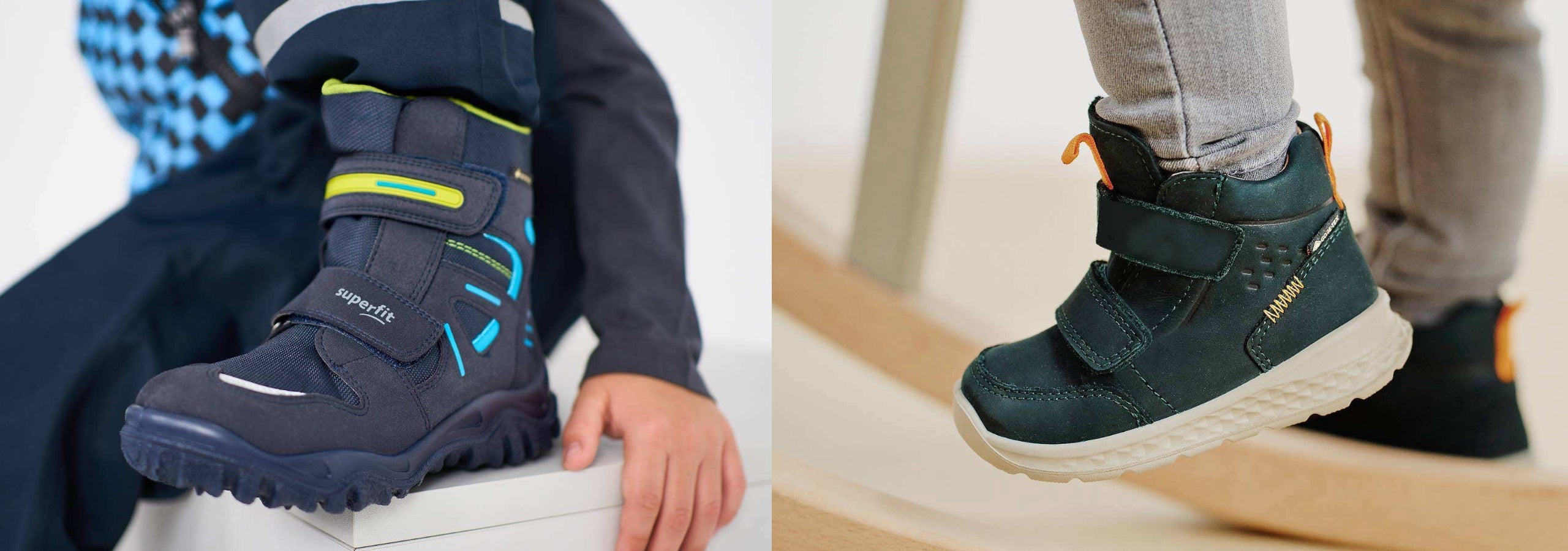 Two children's winter boots shown in side-by-side lifestyle photos. The left boot is navy blue with bright blue and yellow-green accents, worn by a child sitting on a white block.
