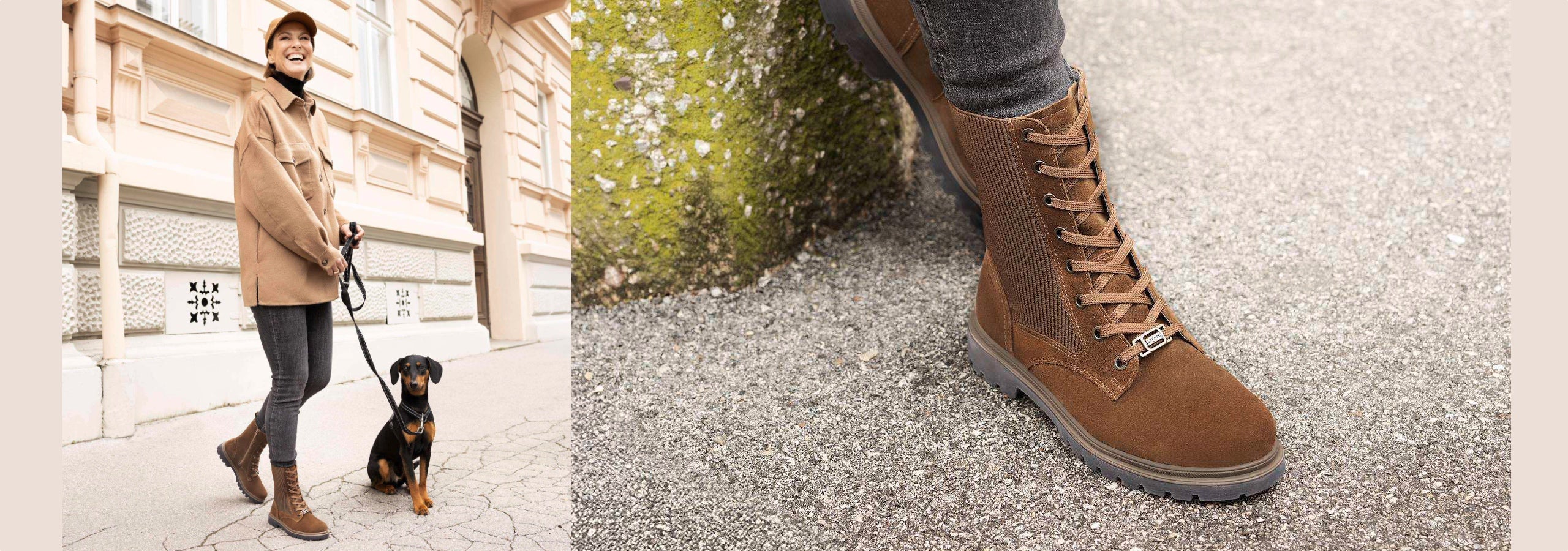 A person wearing a tan coat and dark pants stands outdoors on a sidewalk next to a black and tan dog, while another close-up shows a brown suede lace-up boot on a person's foot over a gray paved surface.