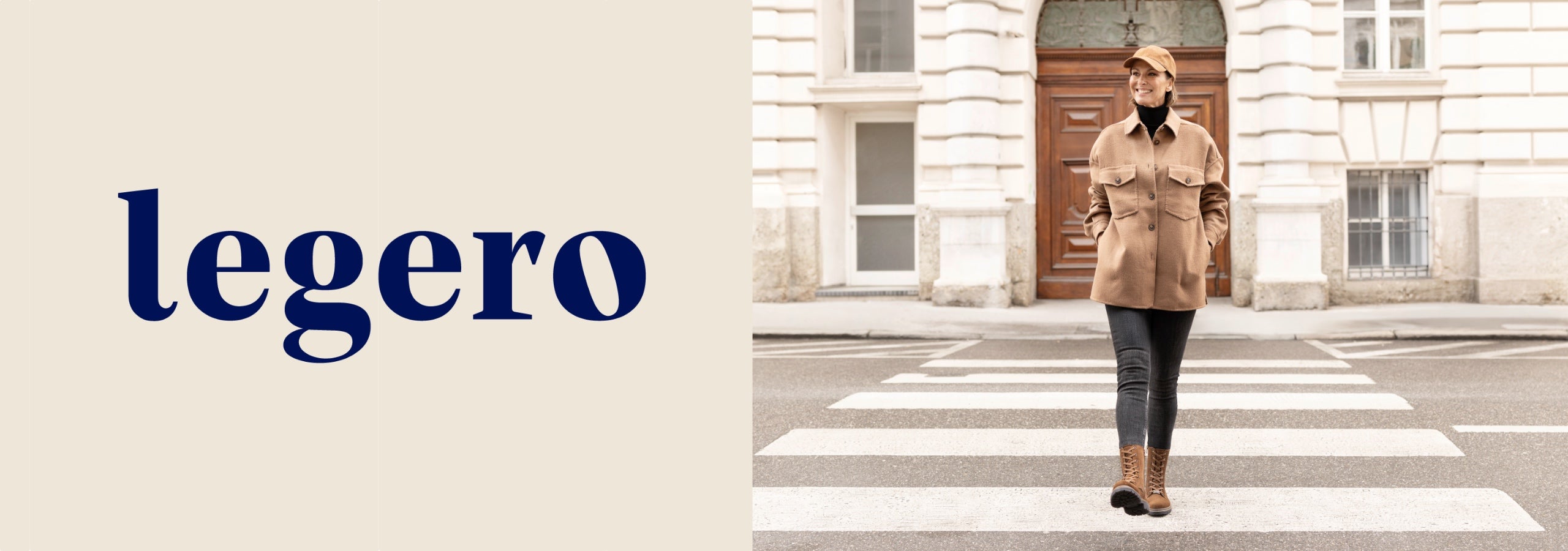 A model wearing a beige leather coat, black pants, and brown boots stands on a crosswalk in front of a classical building, with the brand name 'legero' in navy blue on a beige background on the left.