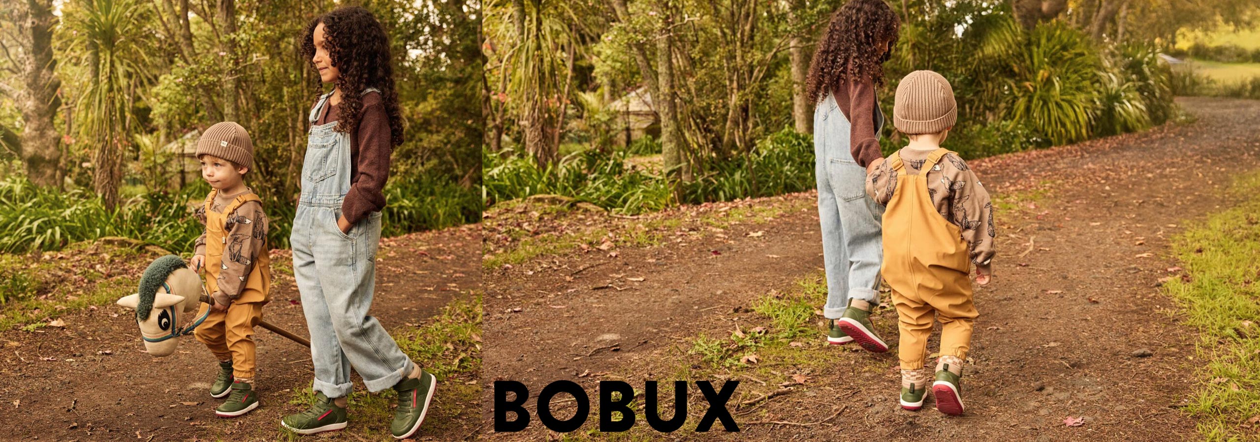 Children walking outdoors in Bobux shoes with a forest background