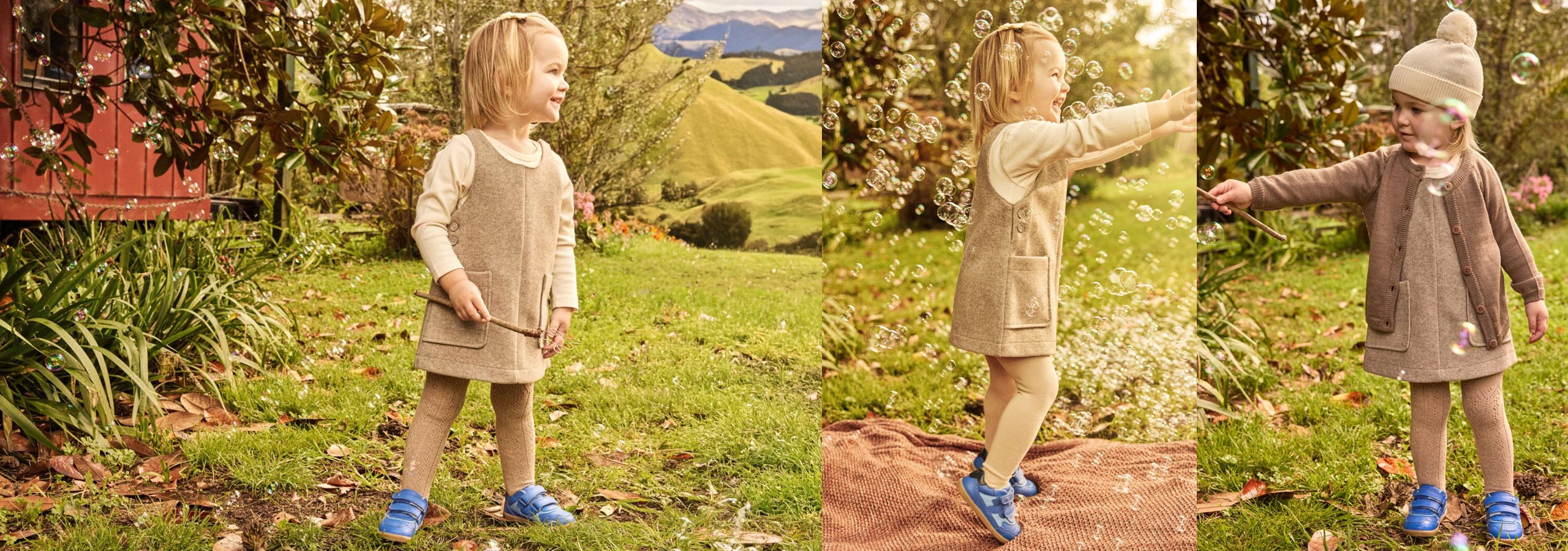 Collage of a child in a beige dress and blue shoes standing outdoors in a natural setting.
