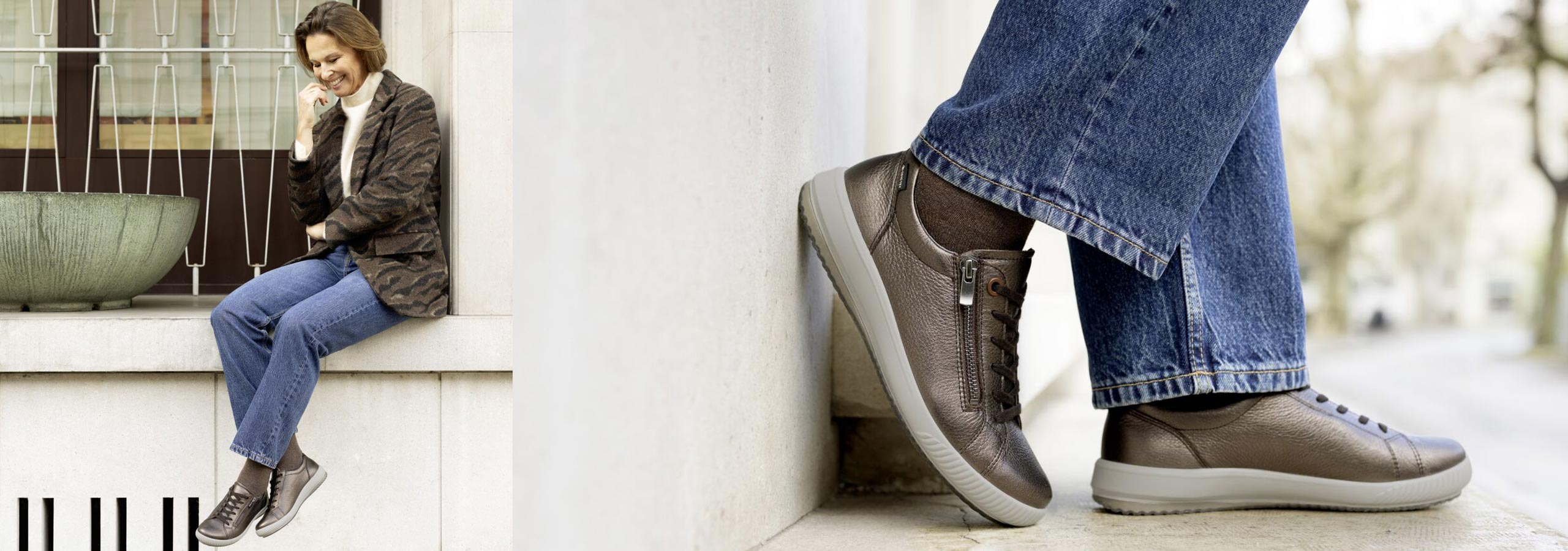 Person wearing brown shoes sitting on a ledge with blurred background