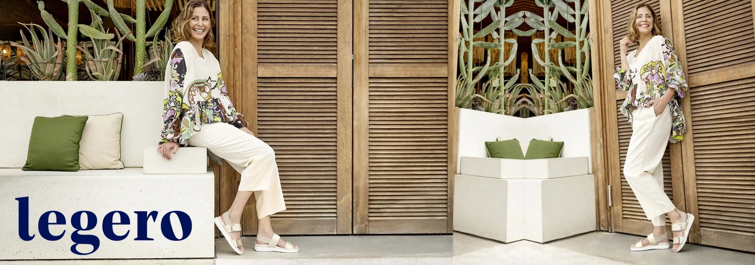Woman in a floral dress and white pants standing next to a 'legero' branded outdoor furniture set.