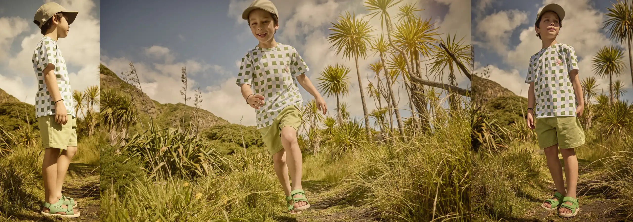 Collage of a child in a patterned shirt and shorts standing in a natural setting with mountains and palm trees.