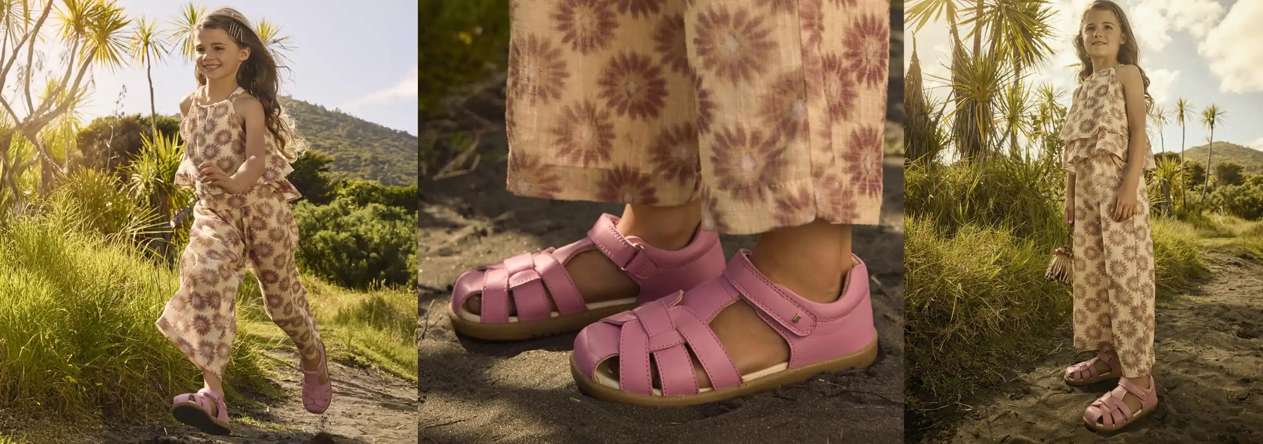 Woman in a floral dress and pink sandals walking outdoors with close-up of sandals.